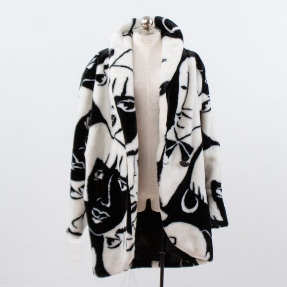 Vintage 80s L Faux Fur Faces Print Wrap Midi Coat - Picture 3 of 16